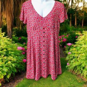 MASON & BELLE Plus Size Bright Red & Blue Floral Short Sleeve Midi Dress XXL